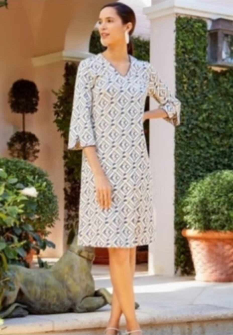 J MCLAUGHLIN Judith Dress Kaleidoscope Geometric Print Tan Blue Small Mature Mid